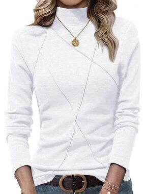 Women's White Mock Turtleneck Long Sleeve Stitching Layering Slim Fit Tunic Top